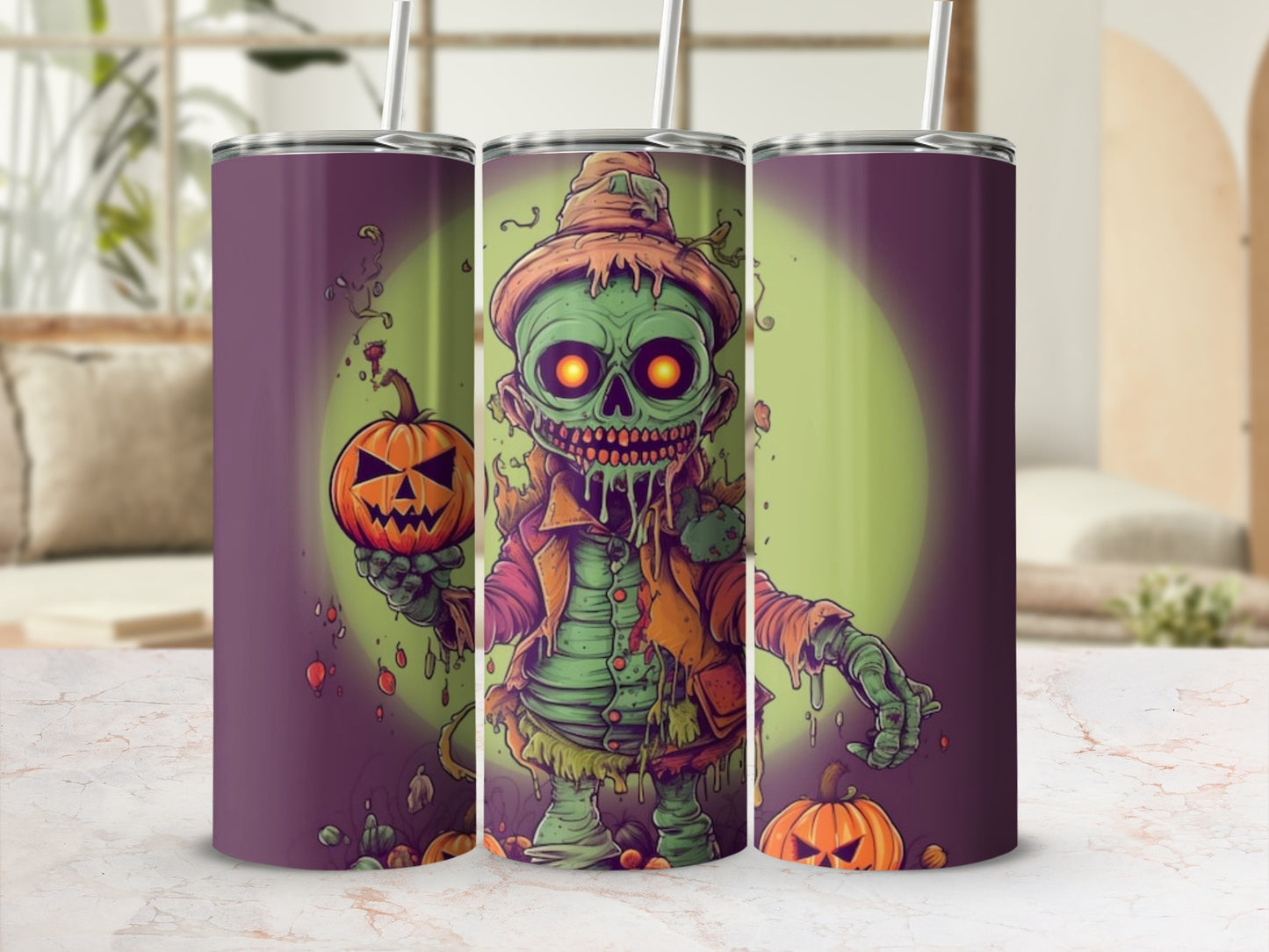 Three tumblers featuring a cartoon zombie character with glowing eyes and pumpkins.