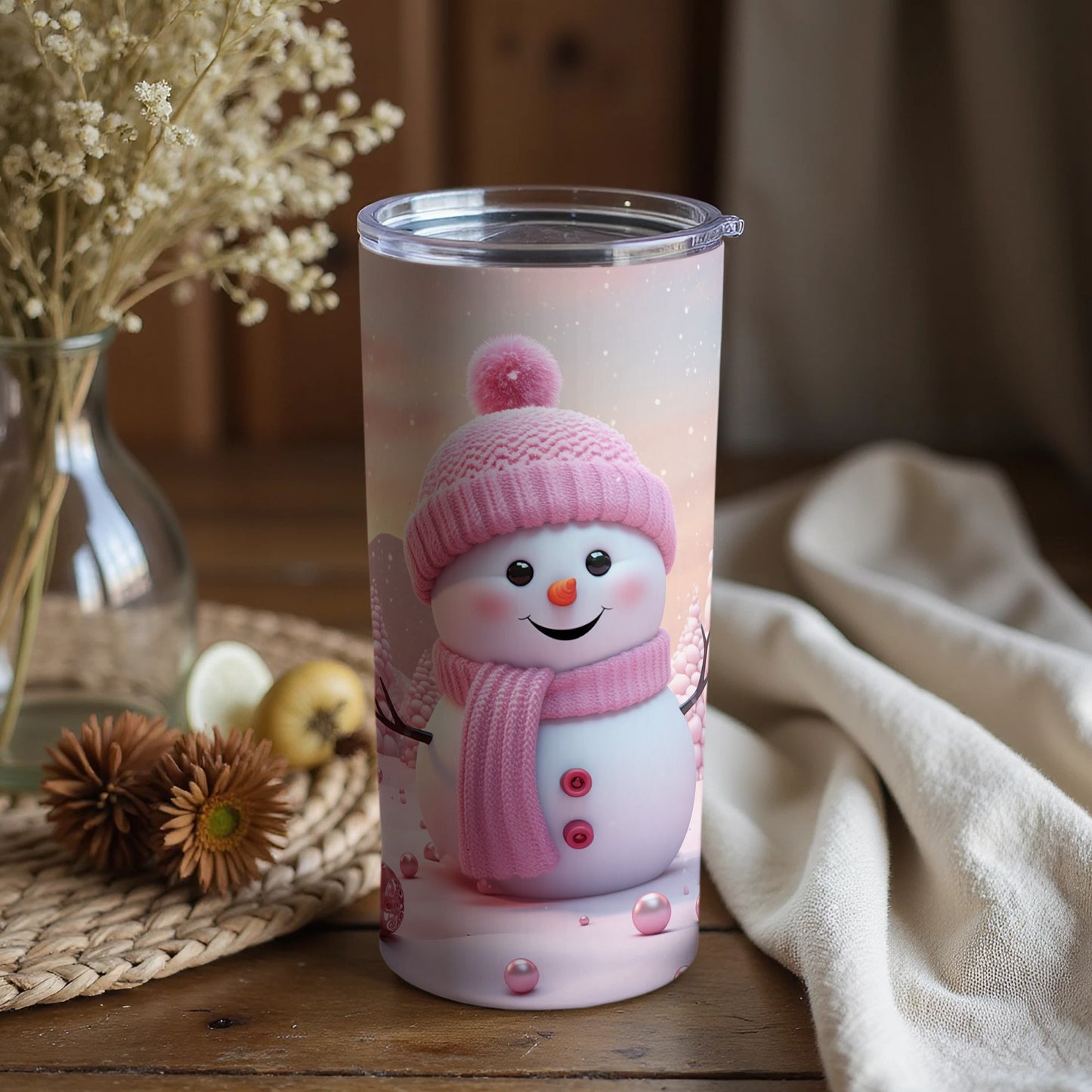 Cute Pink Snowman with Scarf Winter Drinkware