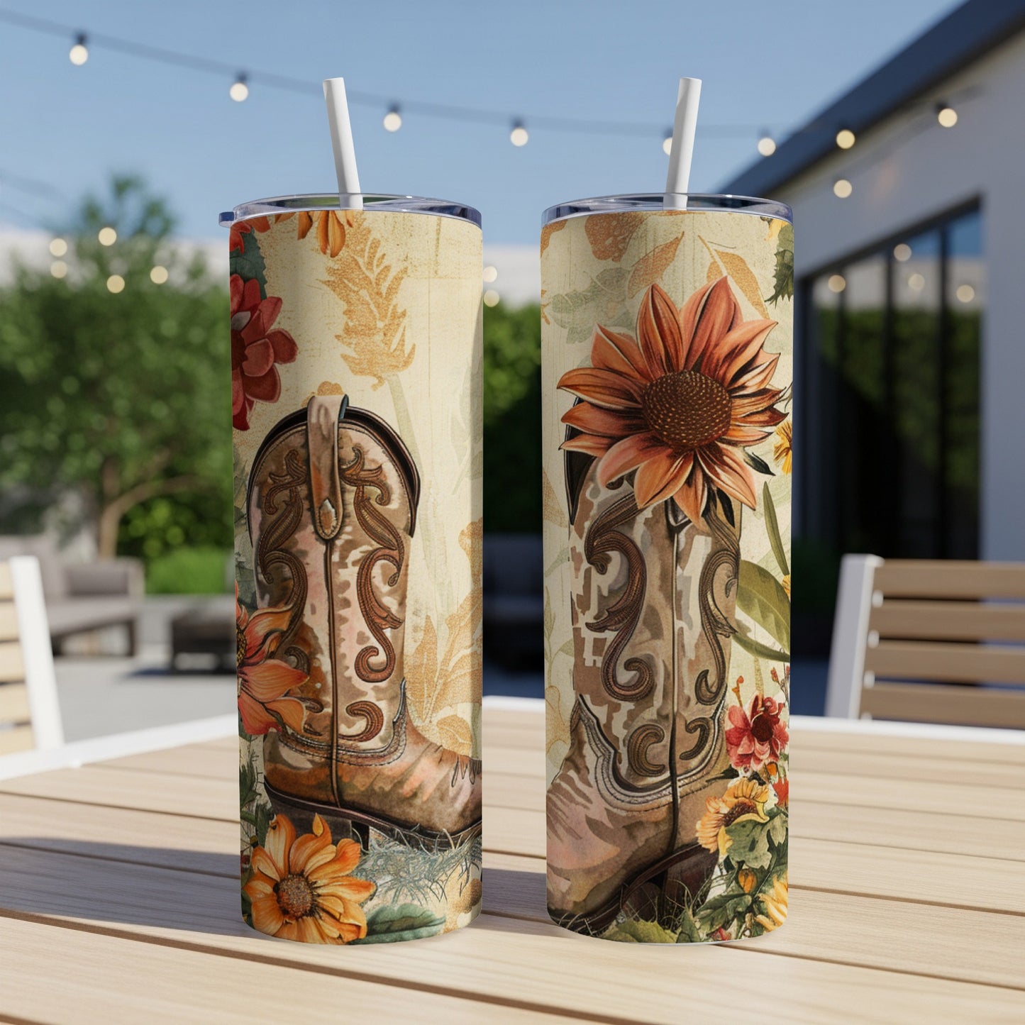 Two western cowboy boots with floral patterns on a rustic background.