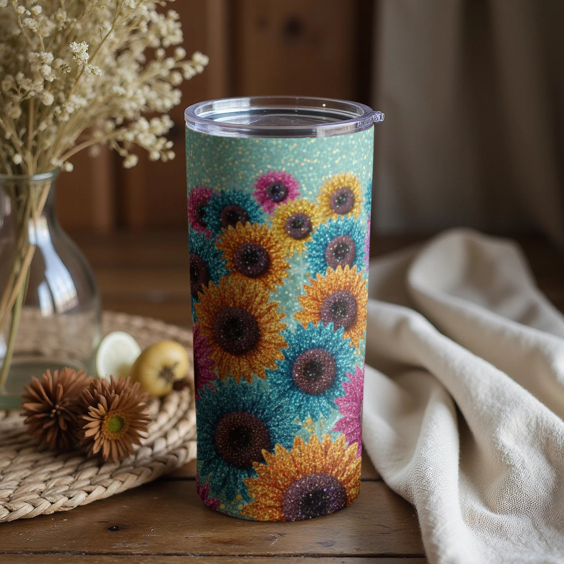 Colorful Sunflower Tumbler with Glitter Design