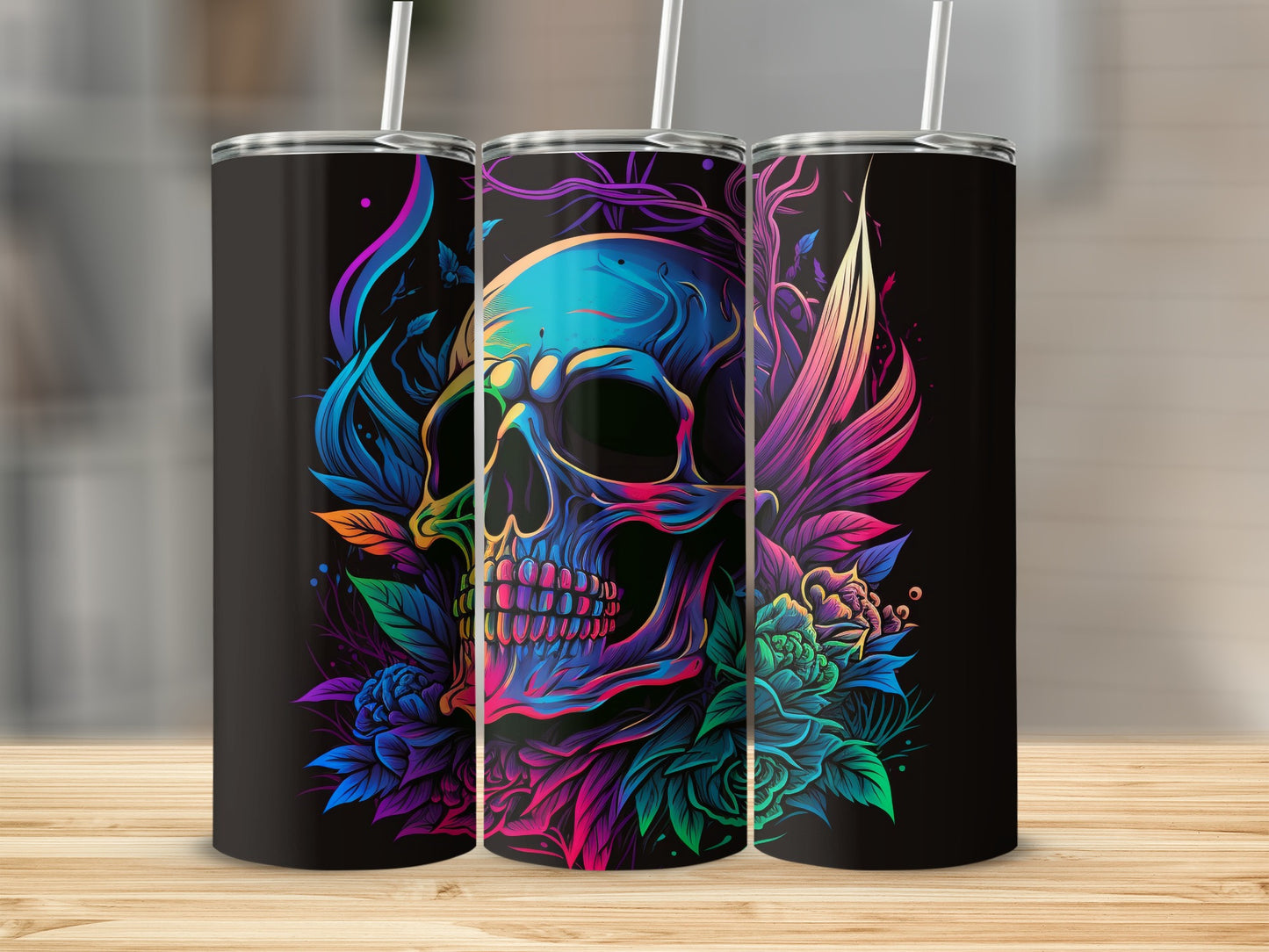 Vibrant Colorful Skull With Floral Accents Tumbler