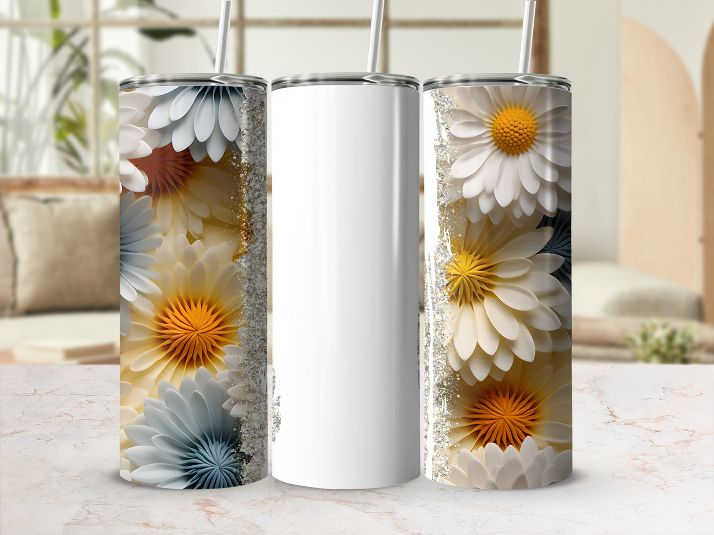 White tumbler with floral design and glitter accents.