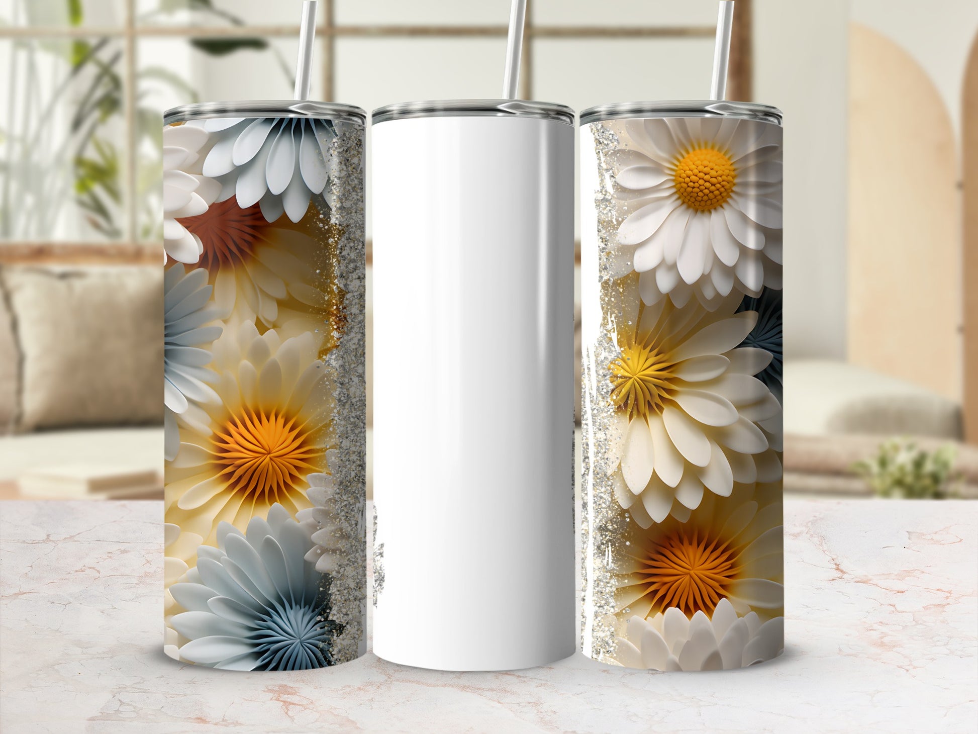 White tumbler with floral design and glitter accents.