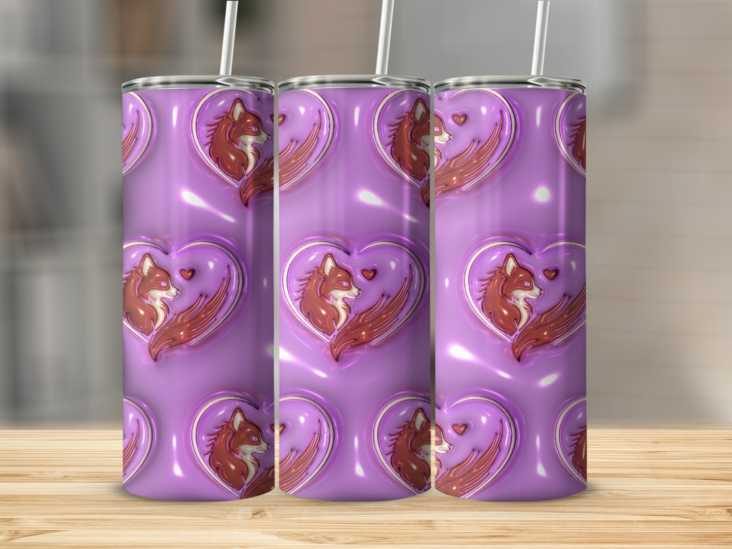 Purple Tumbler with Fox Heart Design for Beverage