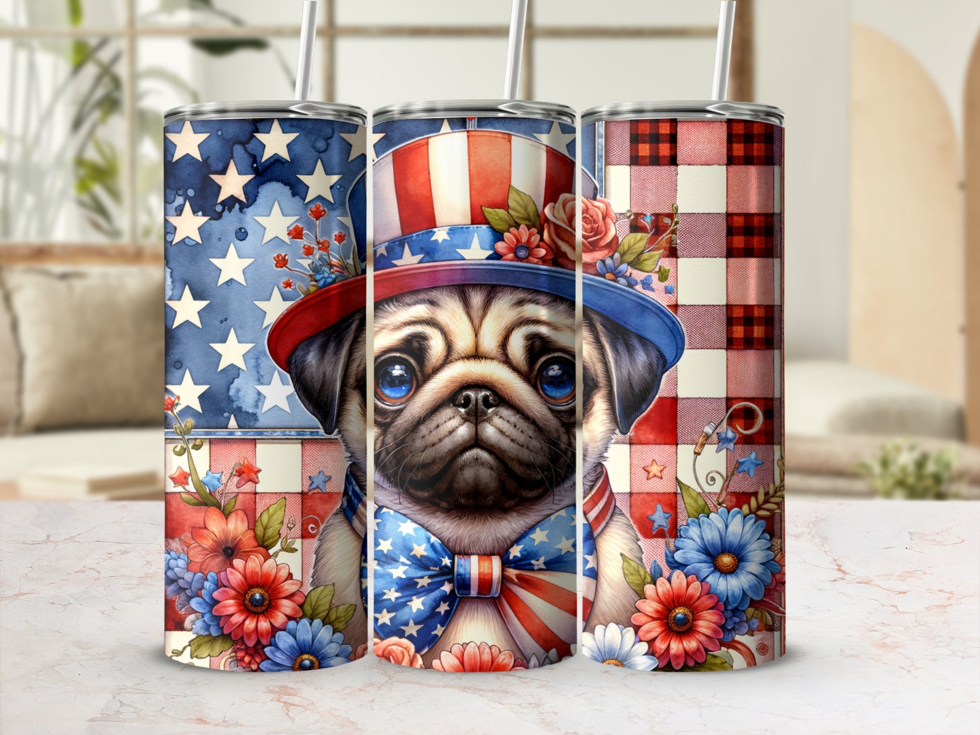 Patriotic pug in hat and bow tie with floral and star patterns.