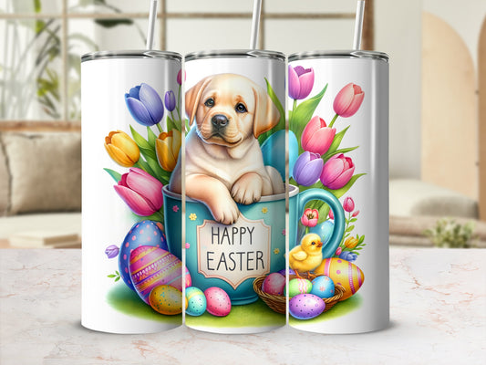 Labrador puppy in mug with Easter eggs, tulips, and chick.
