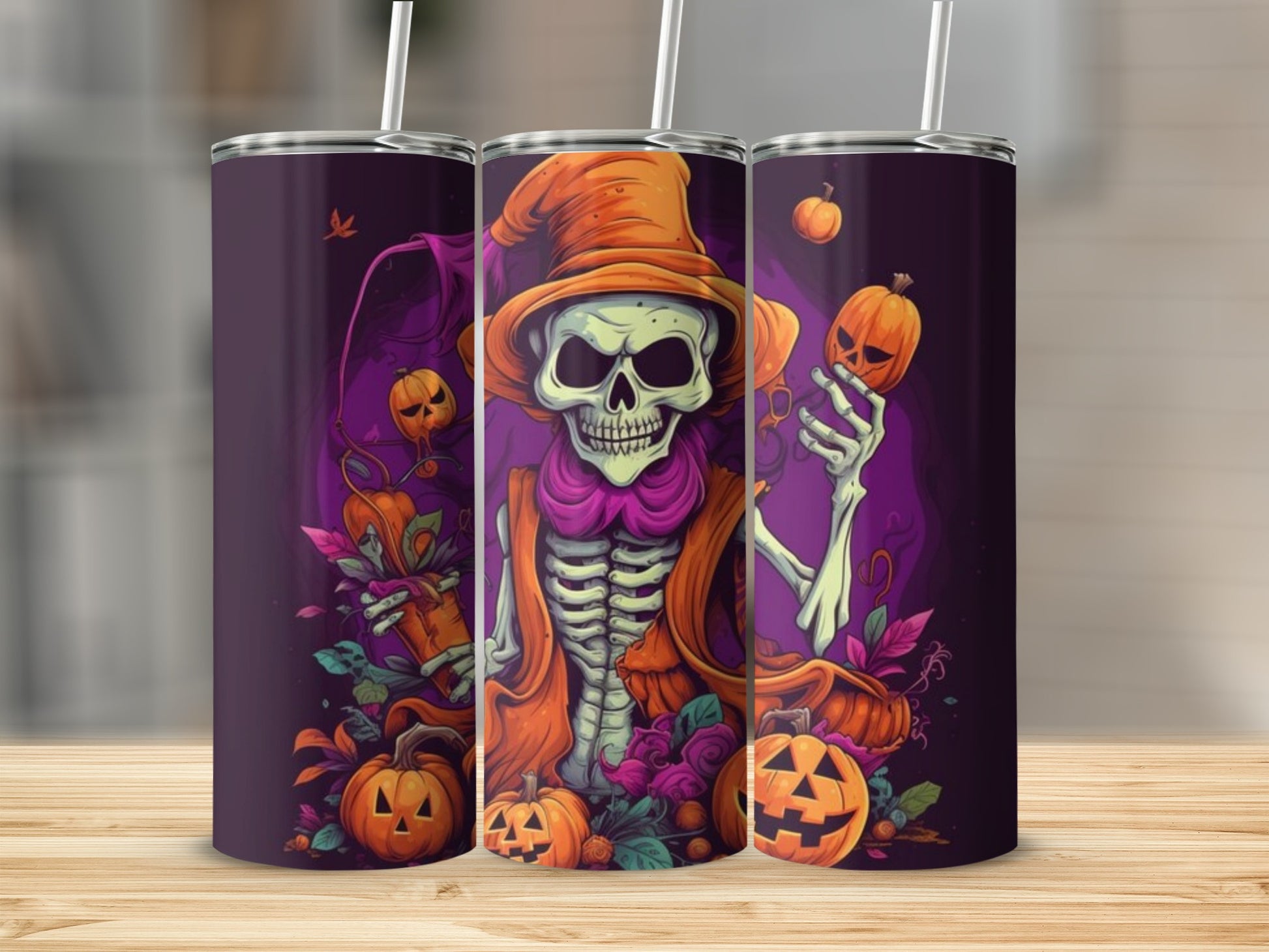 Three tumblers with a spooky skeleton wearing a witch hat and holding pumpkins.