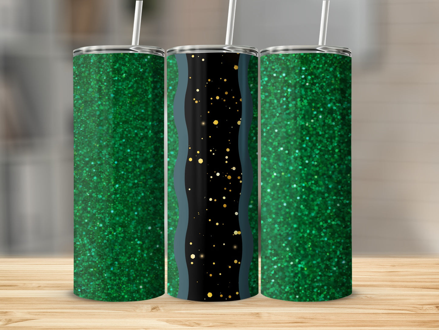 Three glitter tumblers with green sparkles and a dark blue abstract design.
