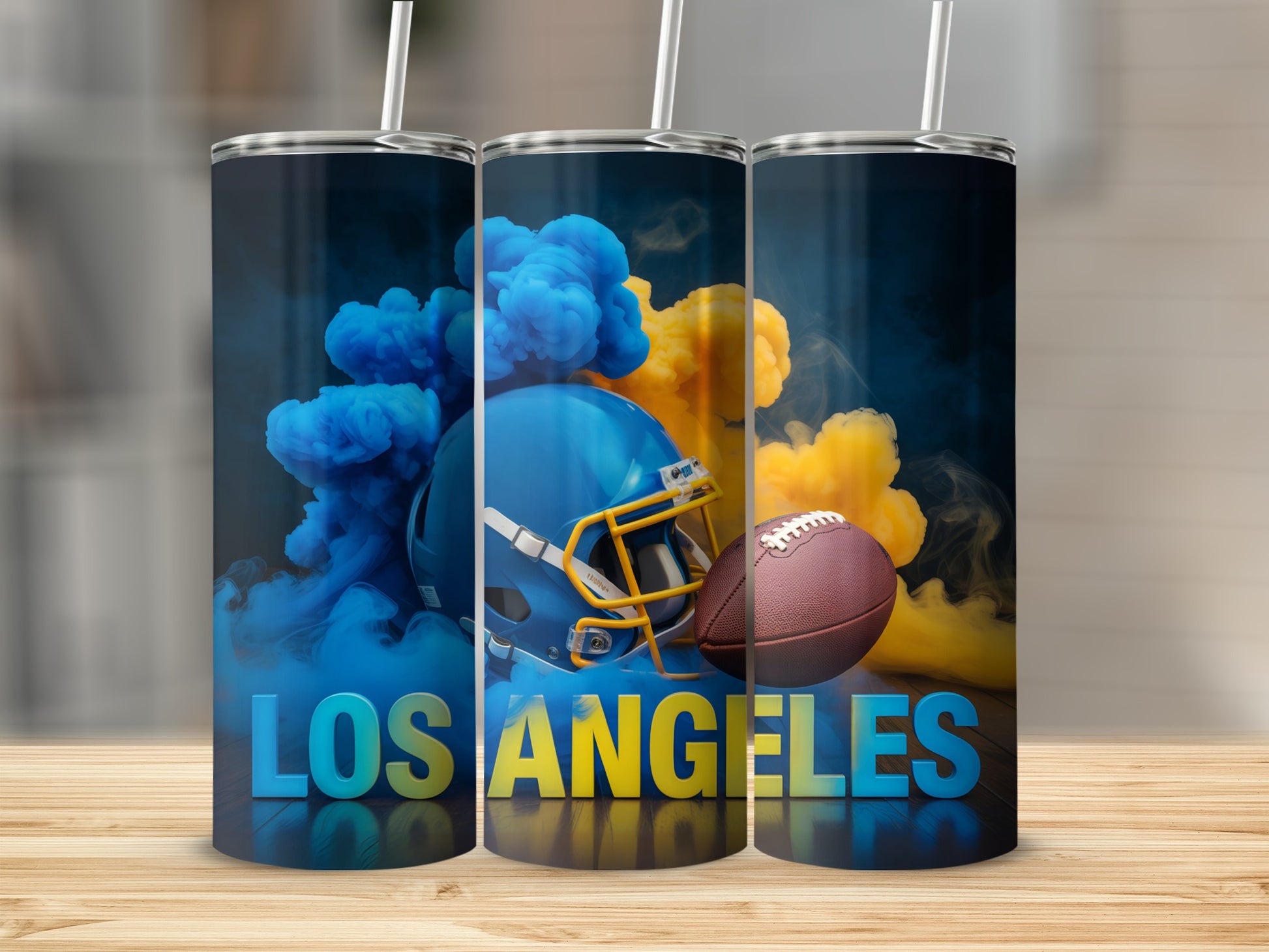 Los Angeles football helmet and ball with blue and yellow smoke.