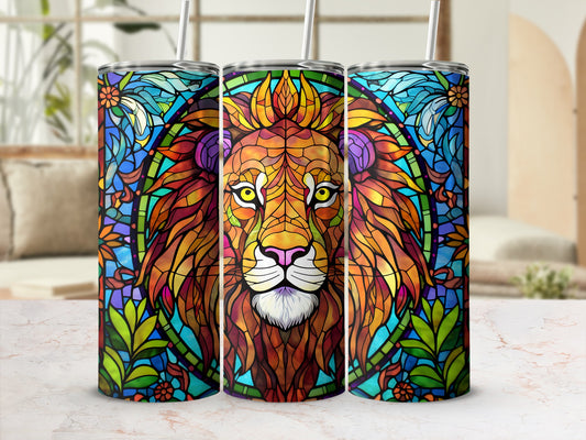 Lion stained glass pattern on a tumbler with straws.