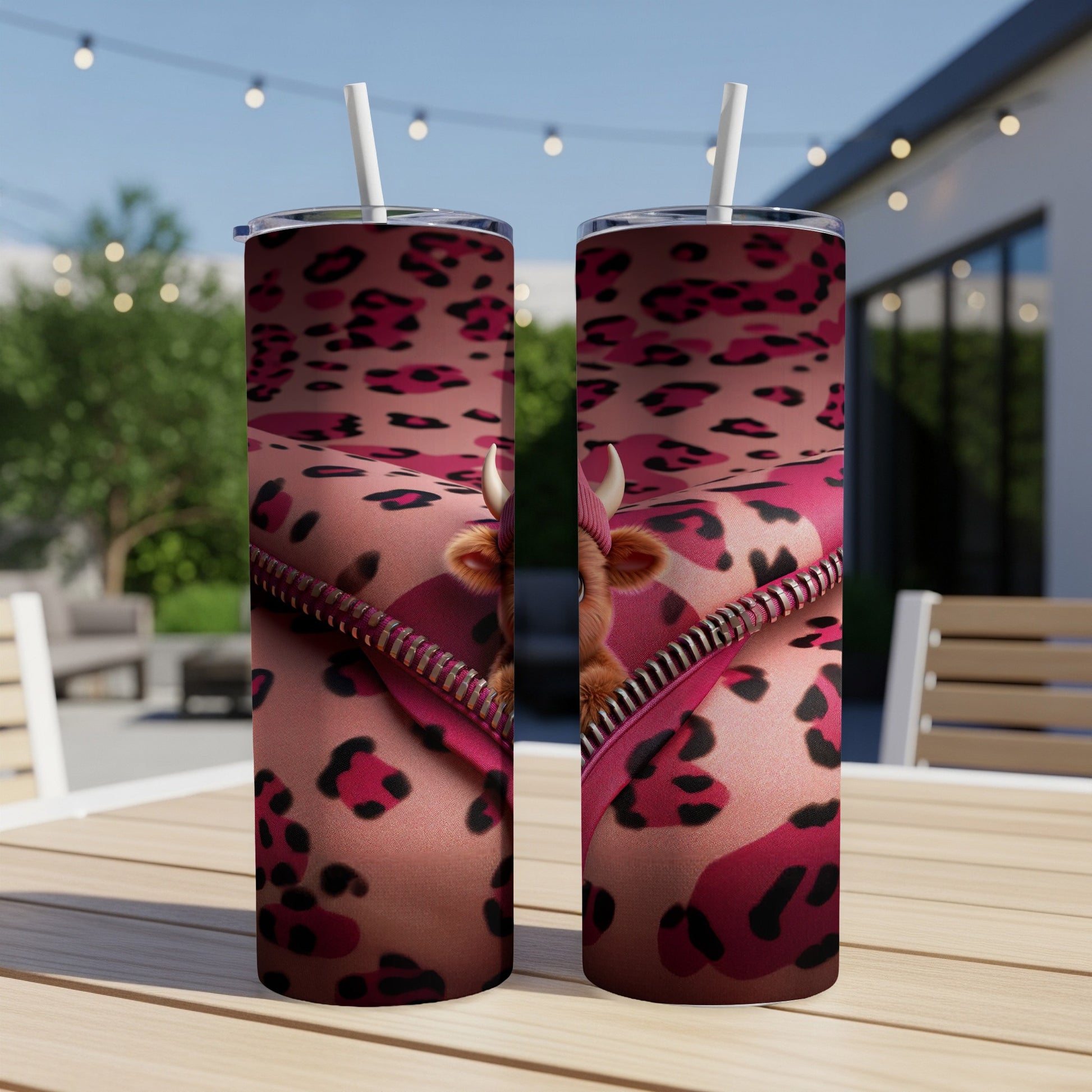 Pink leopard print tumbler with a cow face peeking from a zipper.