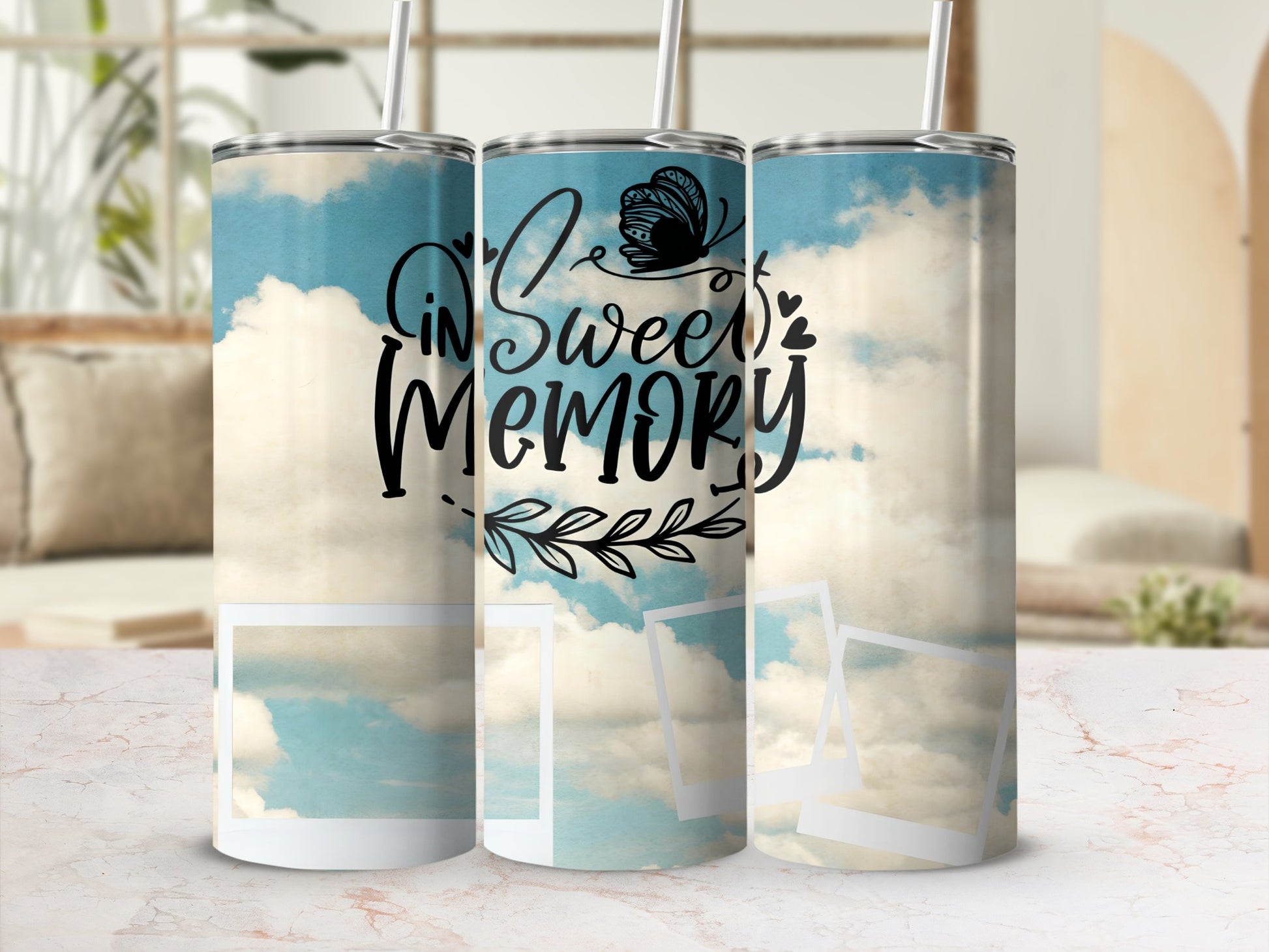 "In Sweet Memory" text on a sky and cloud background with polaroid frames.