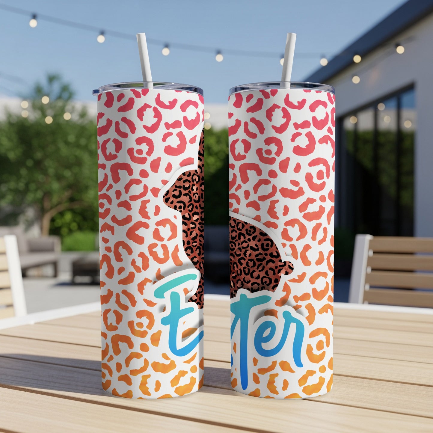 Two tumblers with leopard print and "Easter" text in blue.