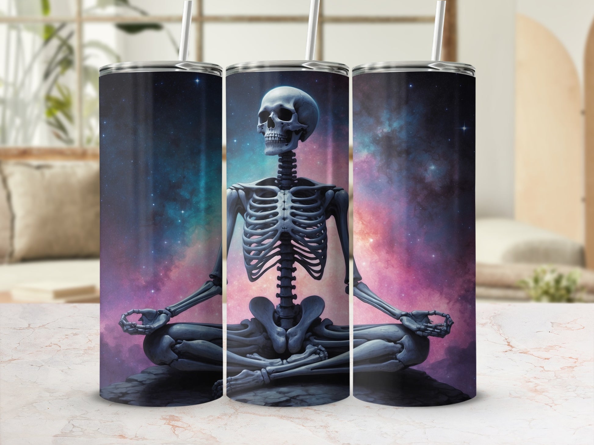 Skeleton meditating in cosmic nebula background, displayed on a marble surface.