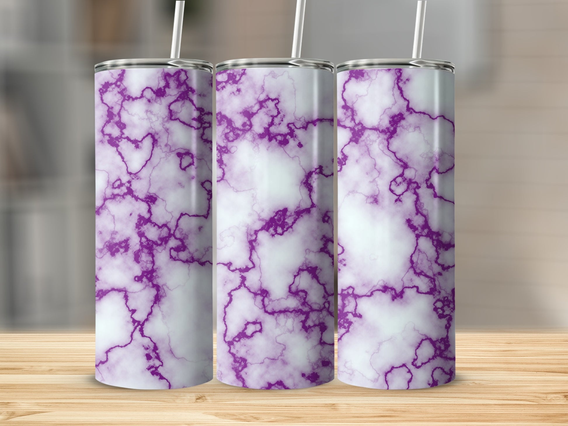 Three tumblers with a purple and white marble pattern.