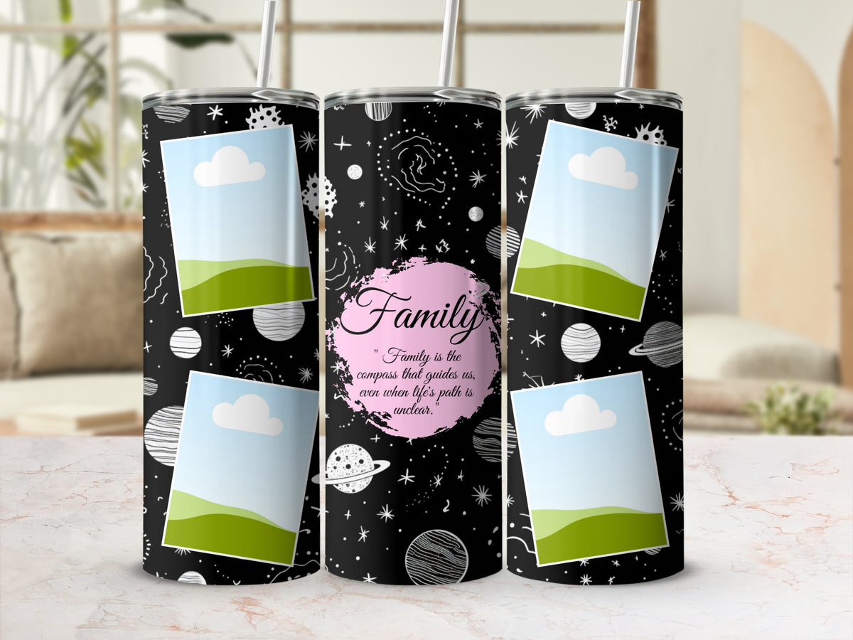 Black tumbler with space pattern, photo frames, and the quote "Family is the compass...".