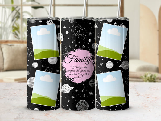 Black tumbler with space pattern, photo frames, and the quote "Family is the compass...".