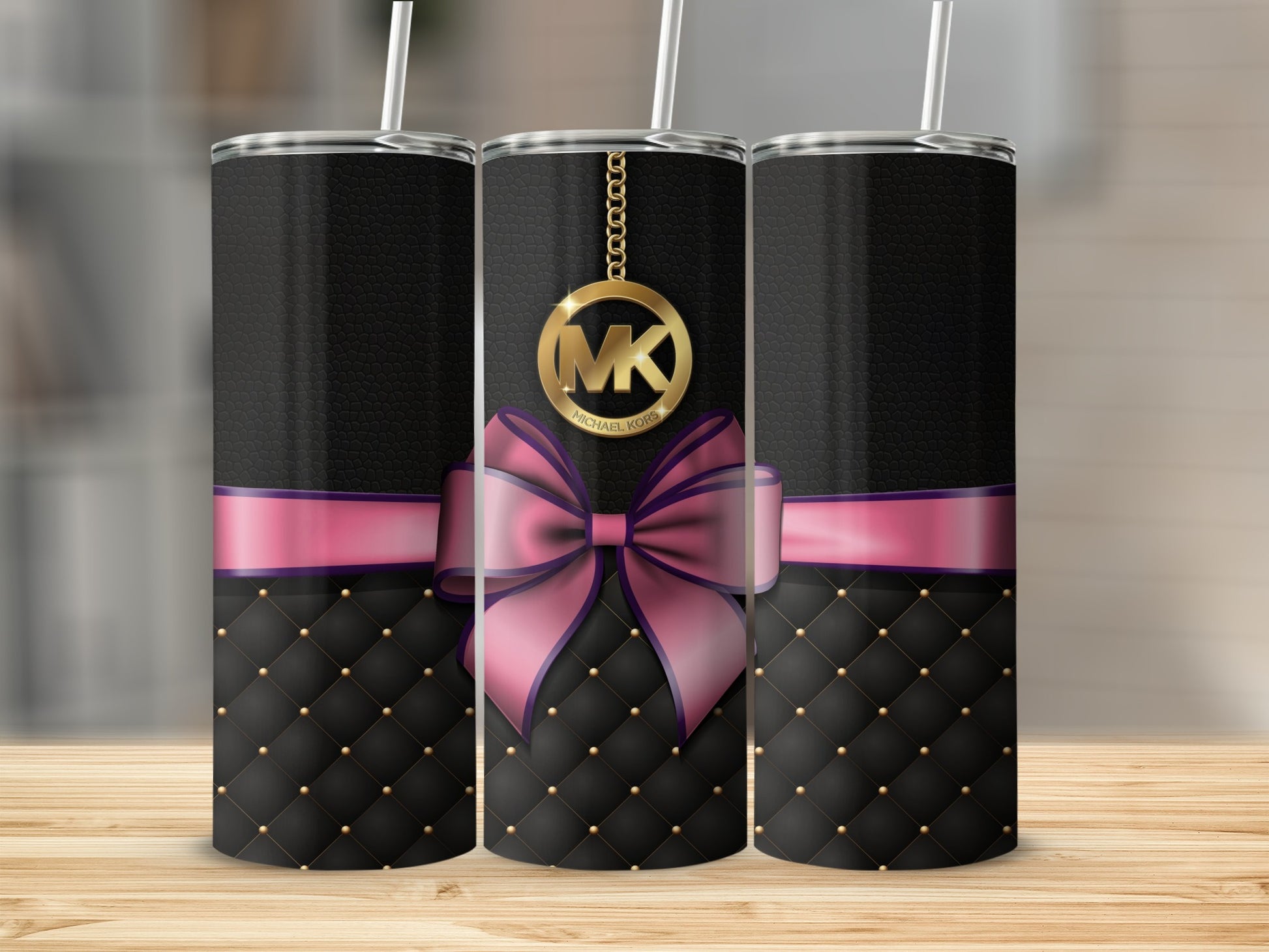 Elegant Black and Pink Quilted Tumbler with Gold Charm