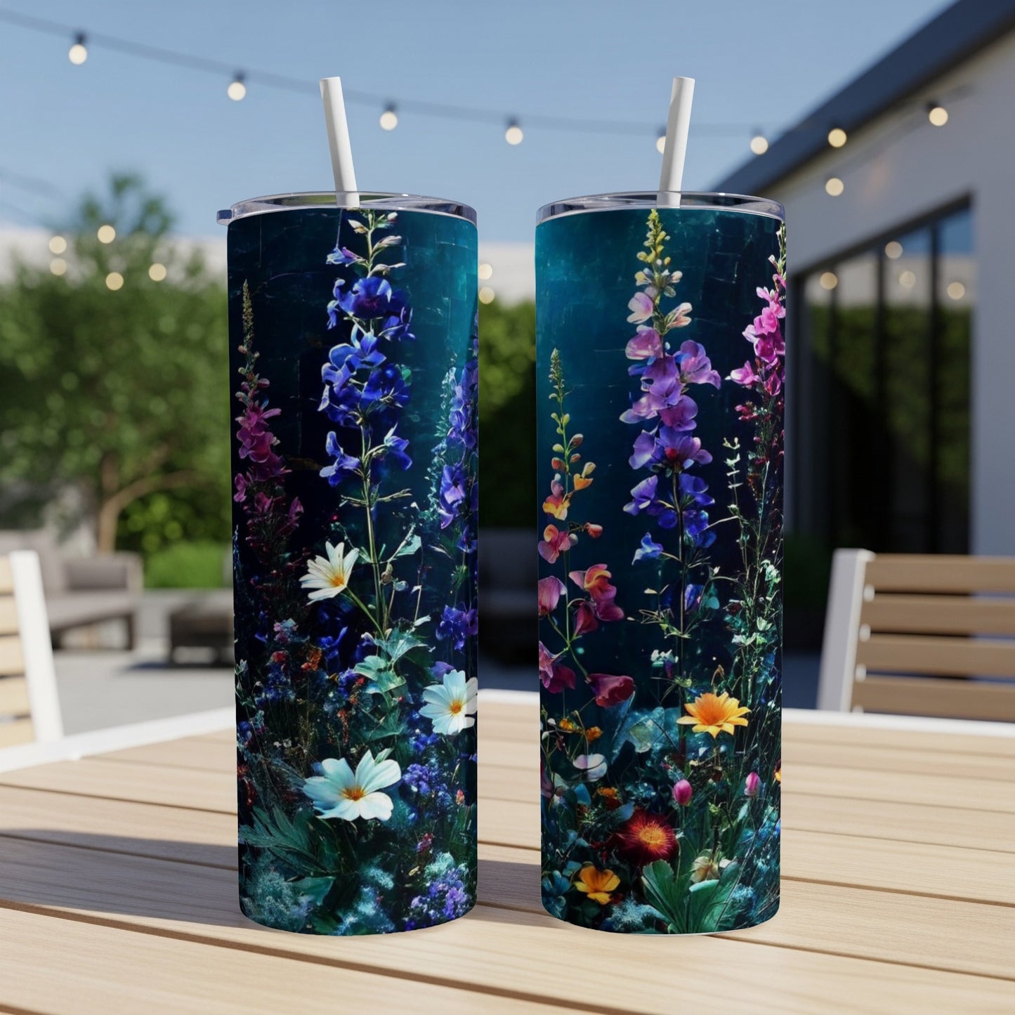 Two tumblers decorated with a dark blue background and colorful wildflowers.