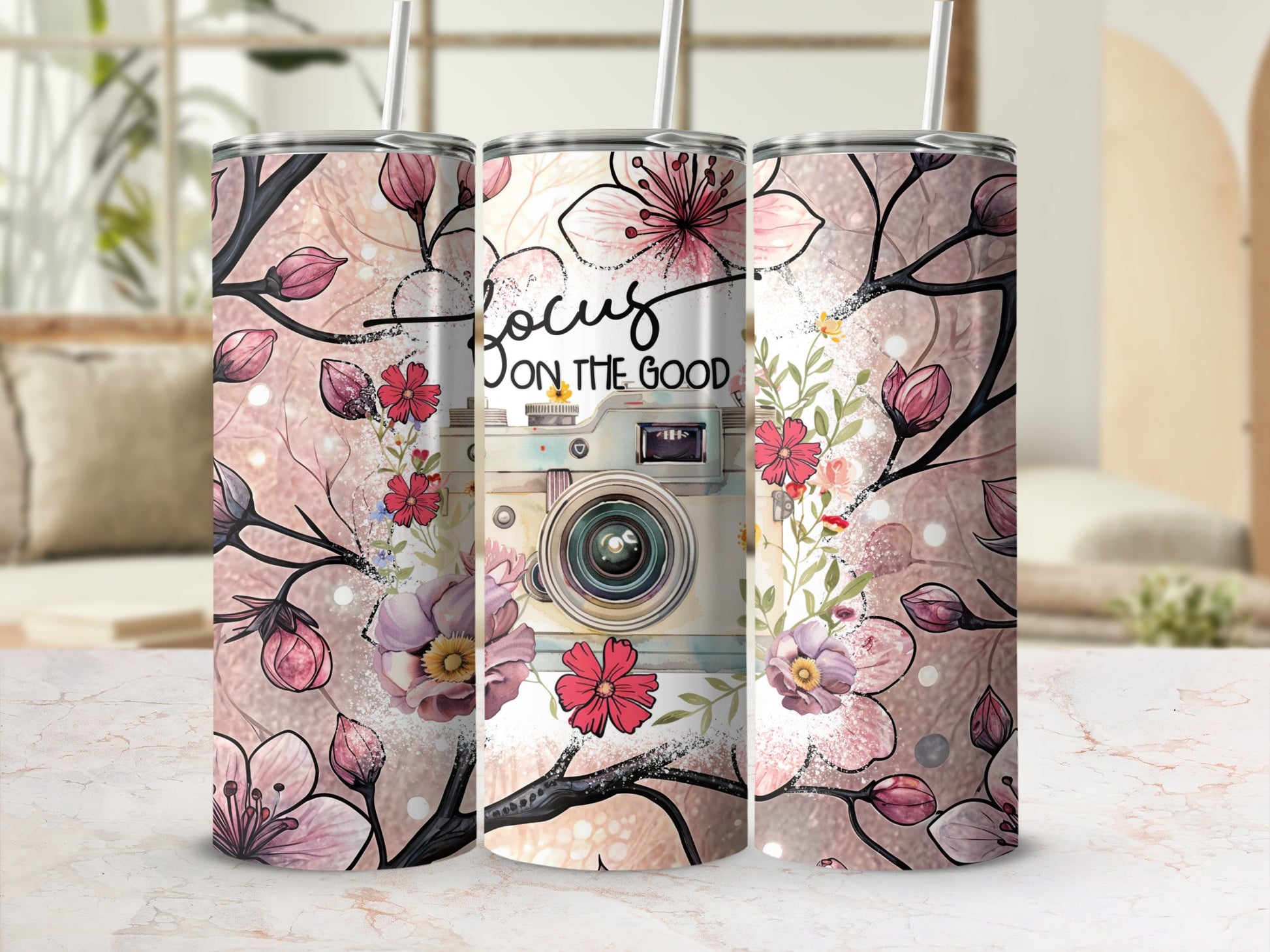 Focus On The Good Floral Camera Design Tumbler