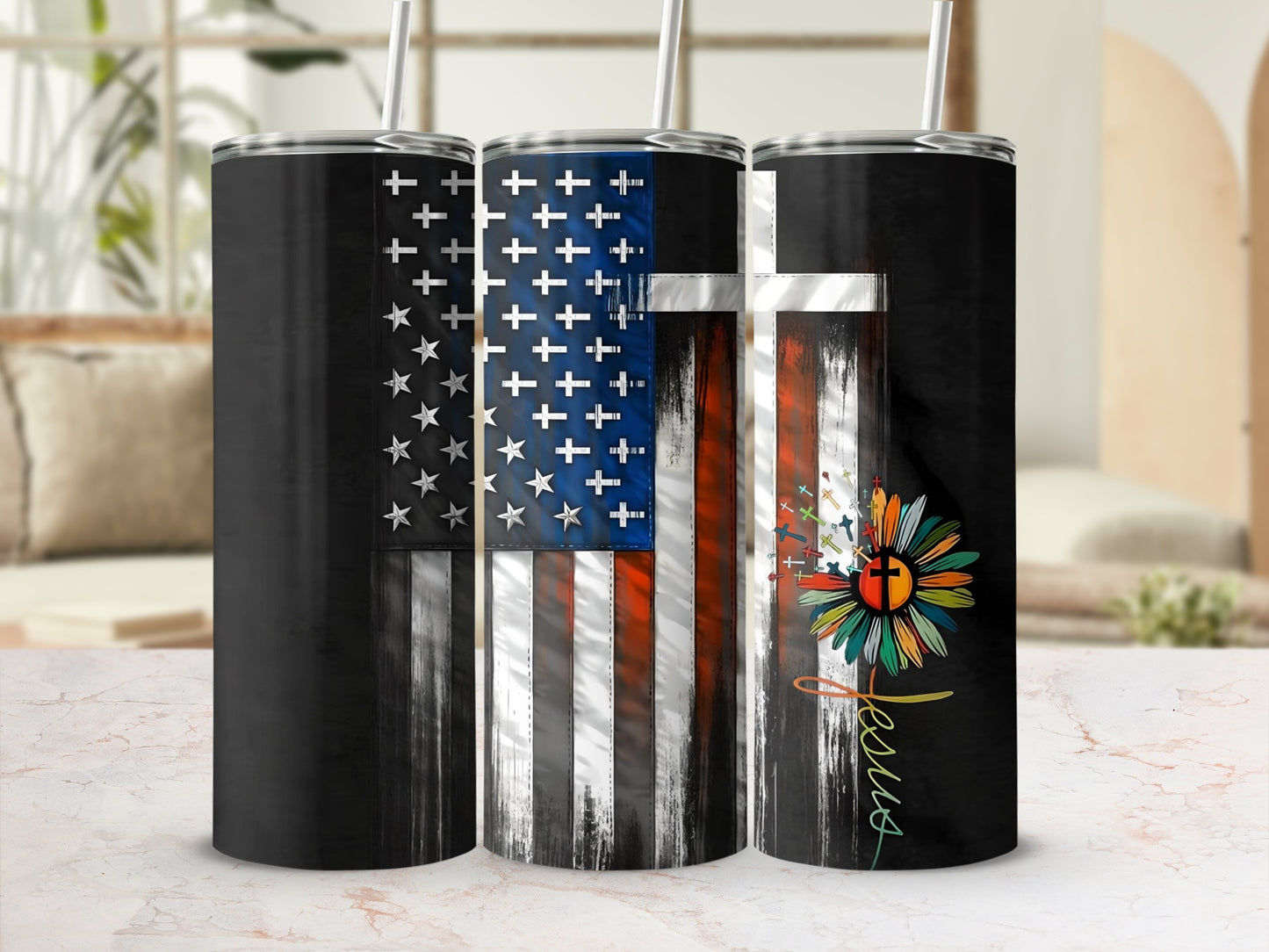 Patriotic Cross and Jesus Insulated Drink Tumbler