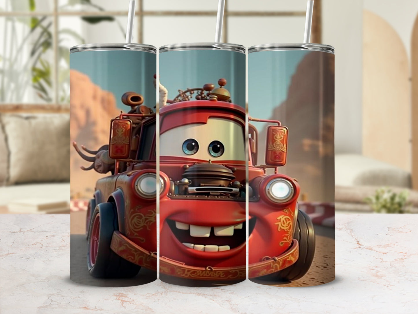 Animated Red Car Adventure Themed Drinkware Tumblers