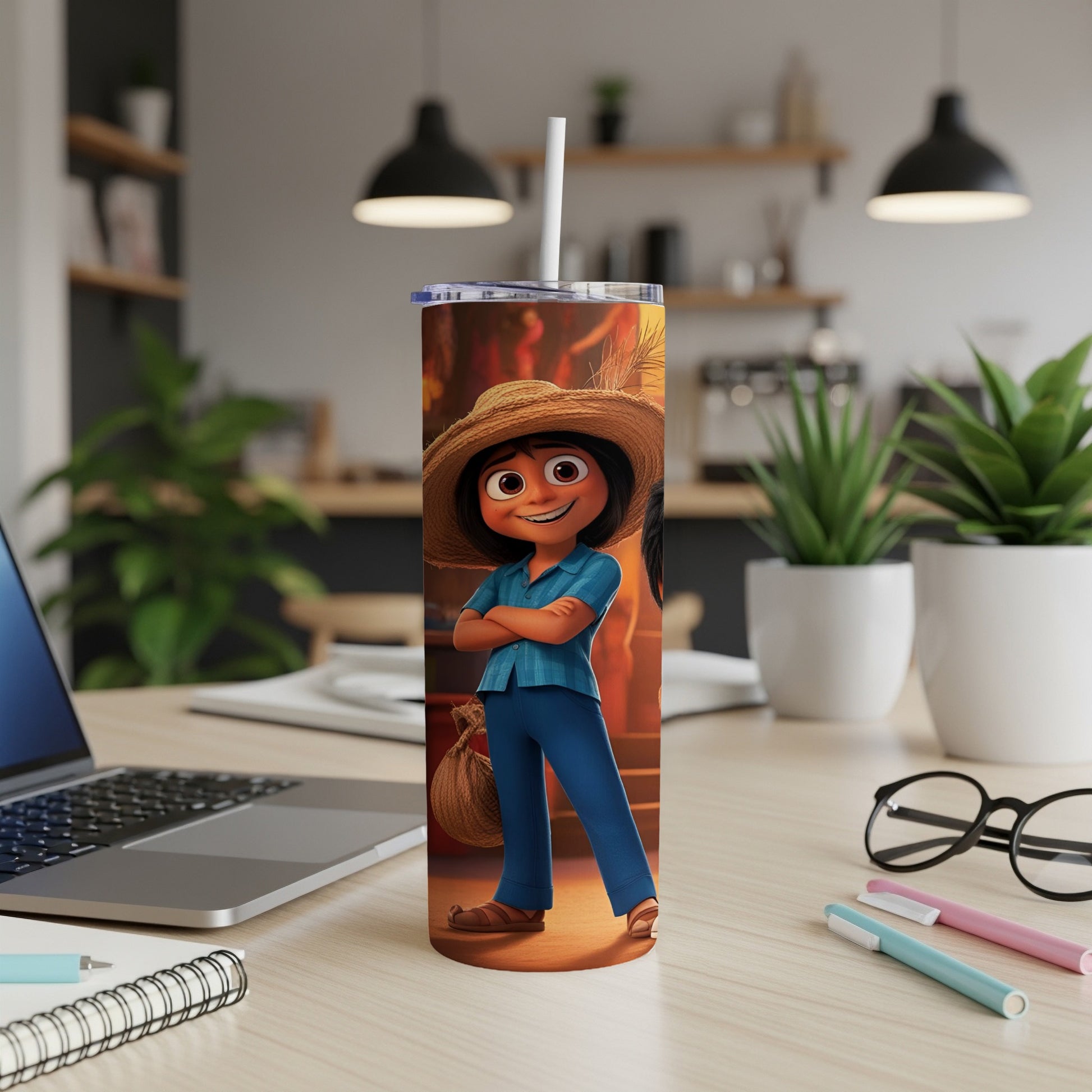 Cartoon girl with a straw hat and a bag on her shoulder, standing.