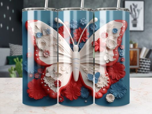 3D white butterfly with red and blue floral accents on a blue tumbler.