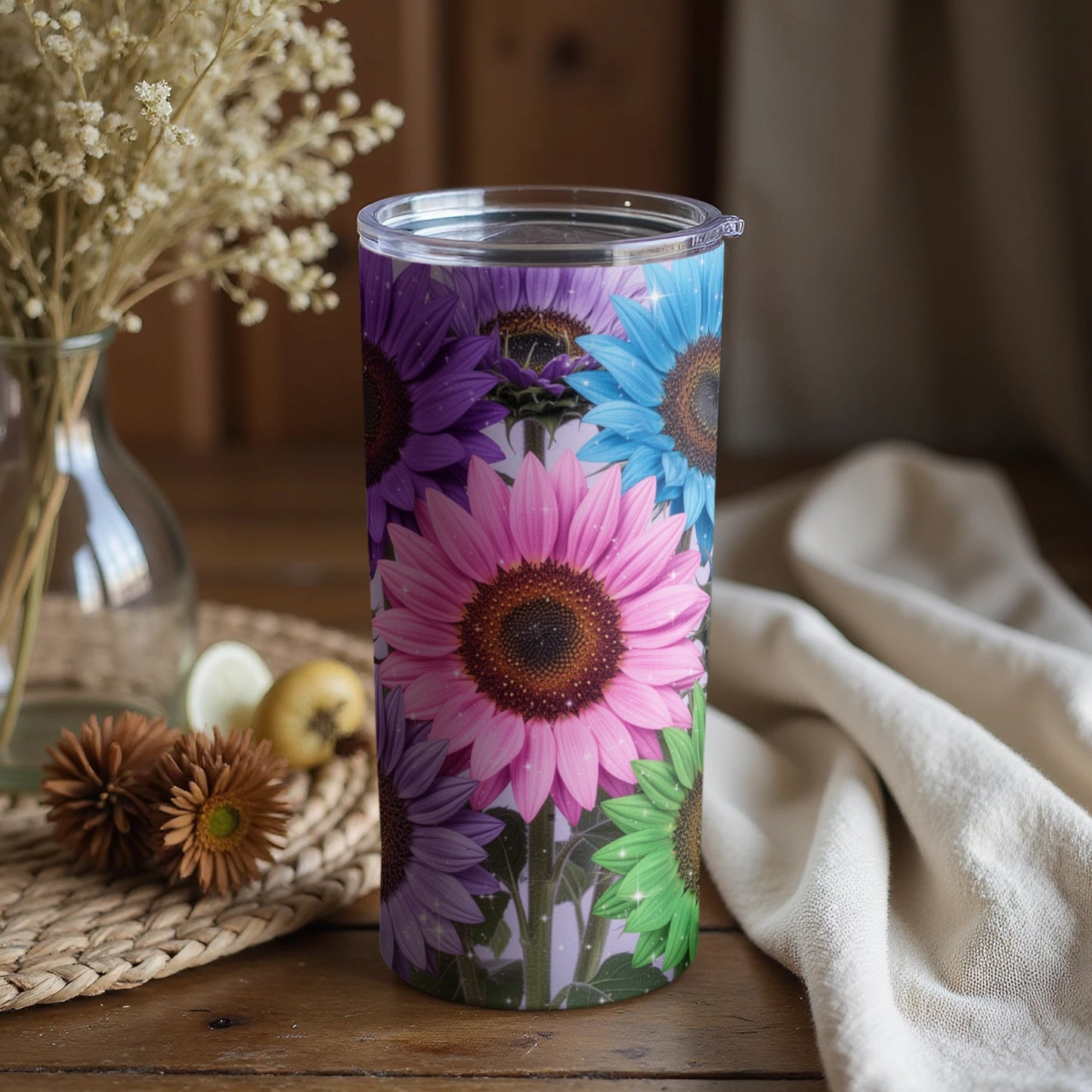Colorful Sunflower Design Tumbler With Lid Cup