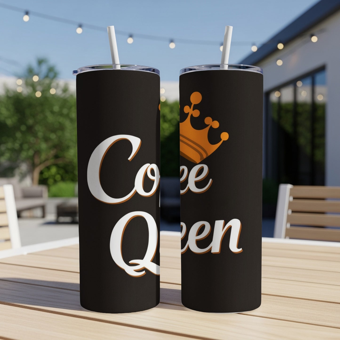 Black tumblers with "Coffee Queen" text and a crown graphic.