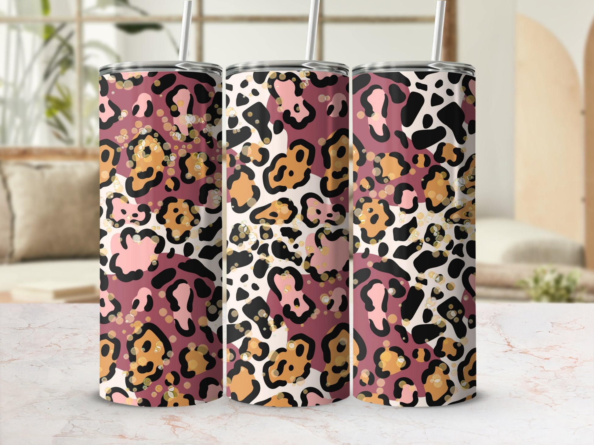 Leopard Print Tumbler with Glitter Accent Tumbler