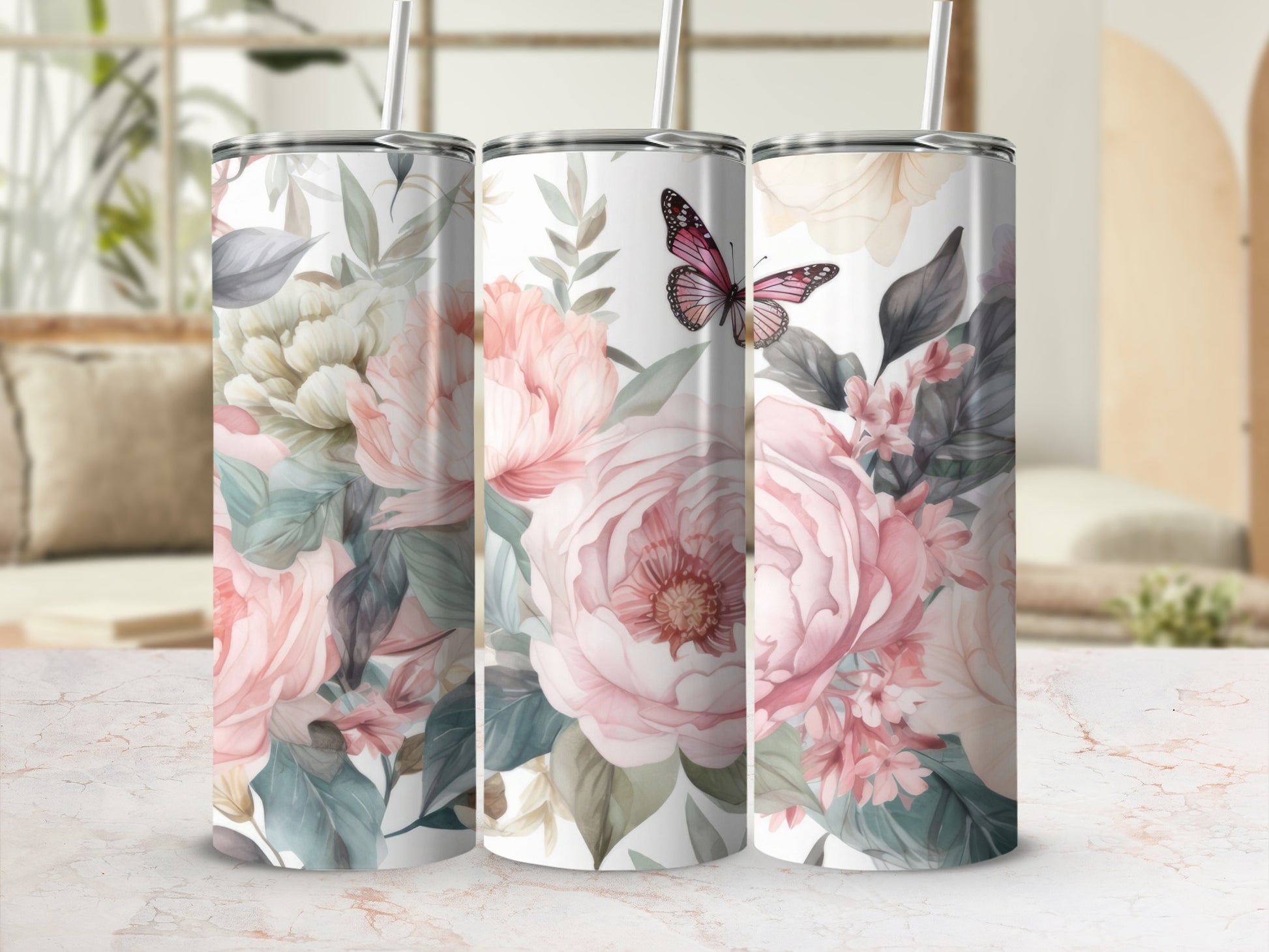Tumbler with pink peonies, green leaves, and a butterfly.