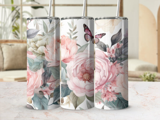 Tumbler with pink peonies, green leaves, and a butterfly.