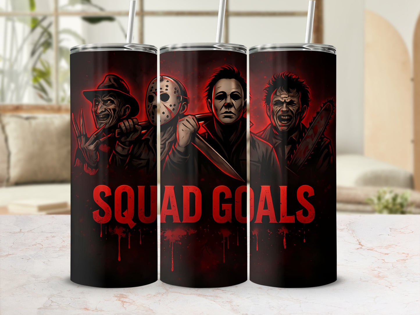 Tumbler features horror villains Freddy, Jason, Michael Myers, and Leatherface with "SQUAD GOALS" text.