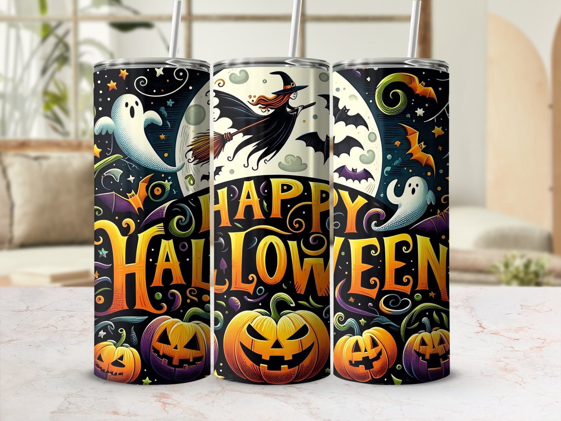 Halloween tumblers with pumpkins, ghosts, bats, and witch graphics and "Happy Halloween" text.
