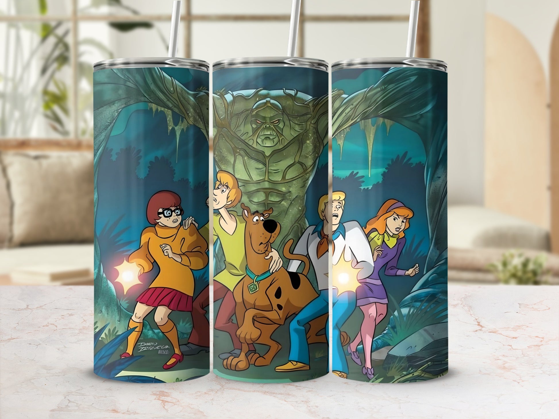 Scooby-Doo characters face a swamp monster in a spooky forest scene.