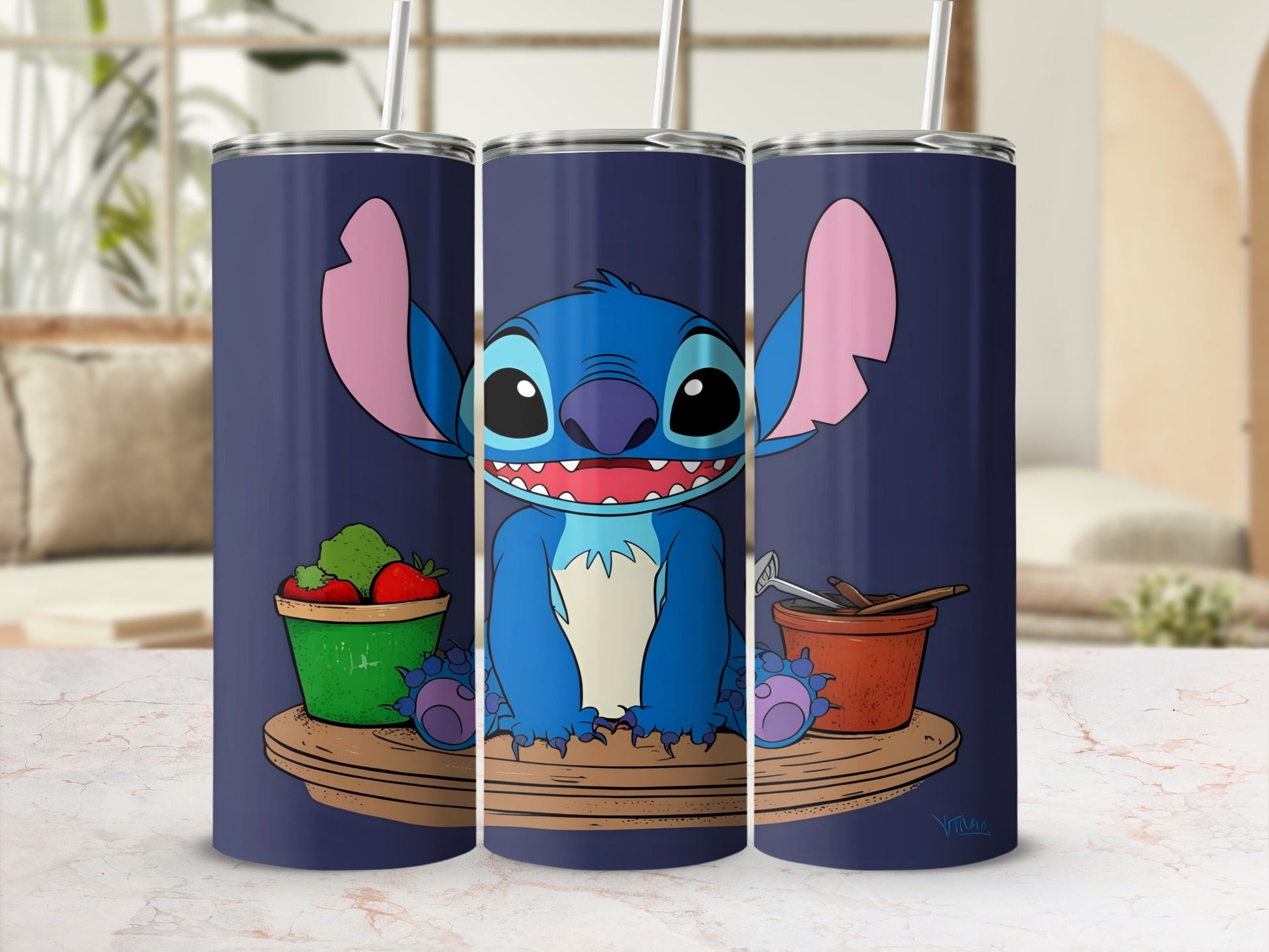 Stitch character sitting between pots of plants and strawberries on a wooden stand.