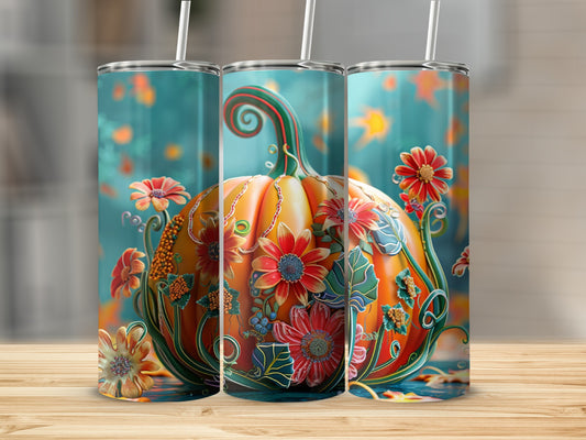 Triptych of tumblers featuring a vibrant floral pumpkin design.