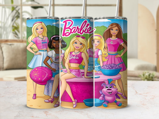Barbie characters and a pink dog on a tumbler with Barbie logos.