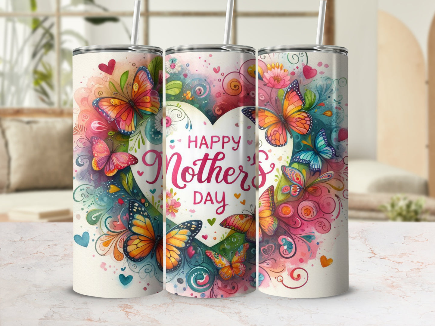 Happy Mother's Day Colorful Butterfly Design Flask
