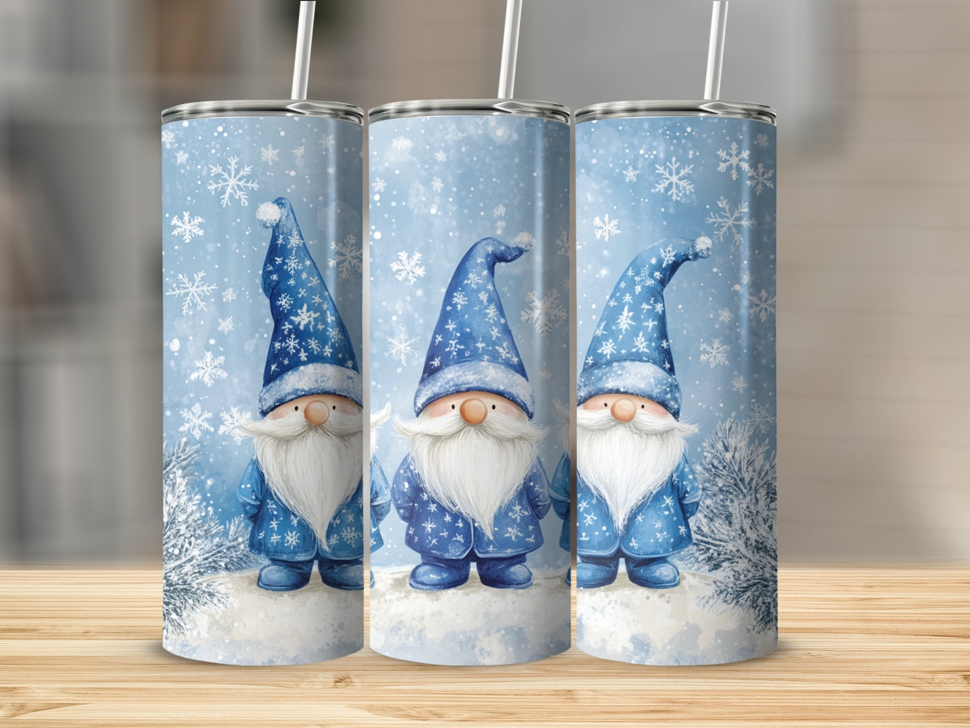 Three blue-hatted gnomes stand in a snowy landscape with snowflakes.