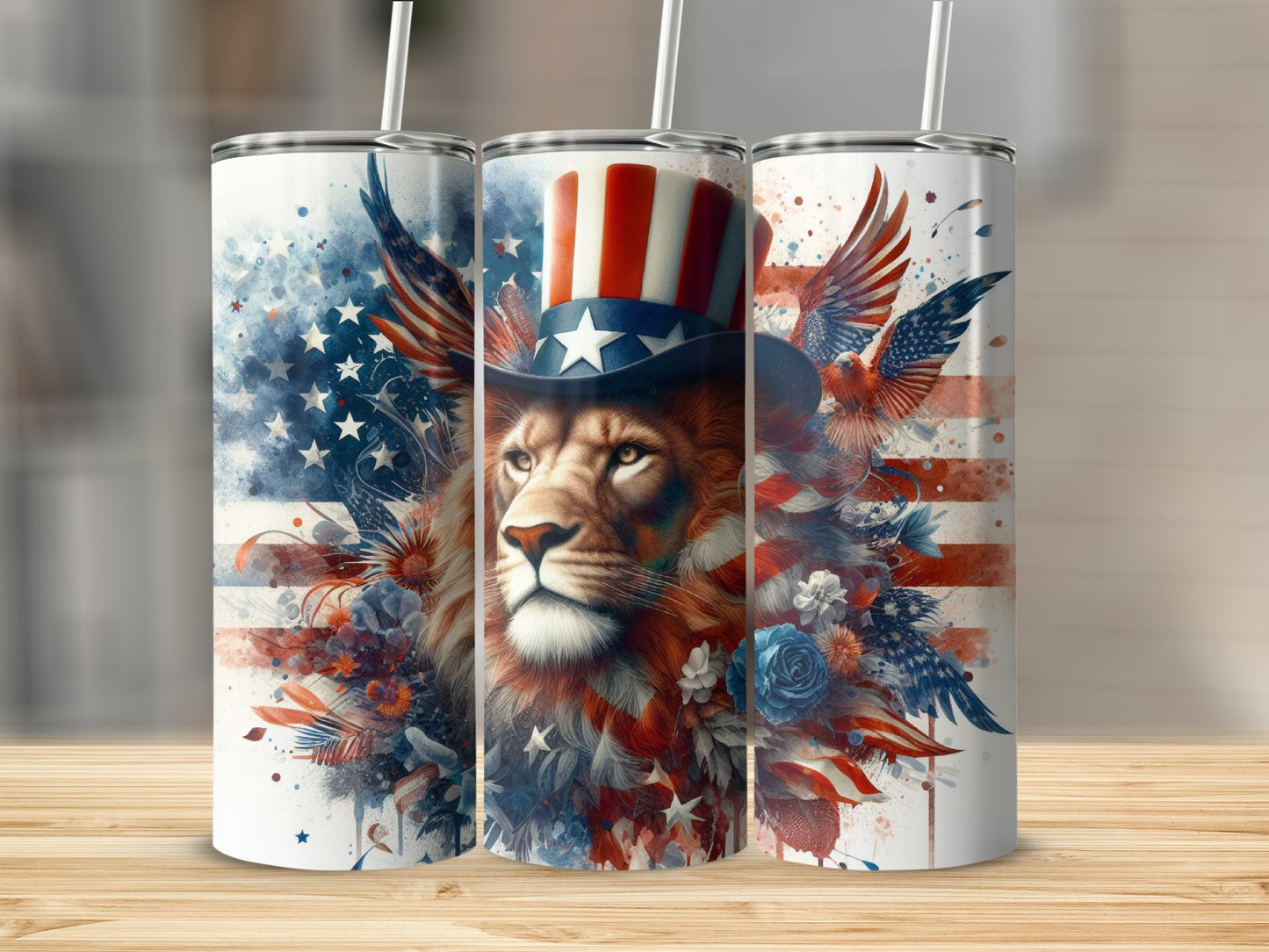 Lion wearing patriotic hat with American flag and eagle elements.