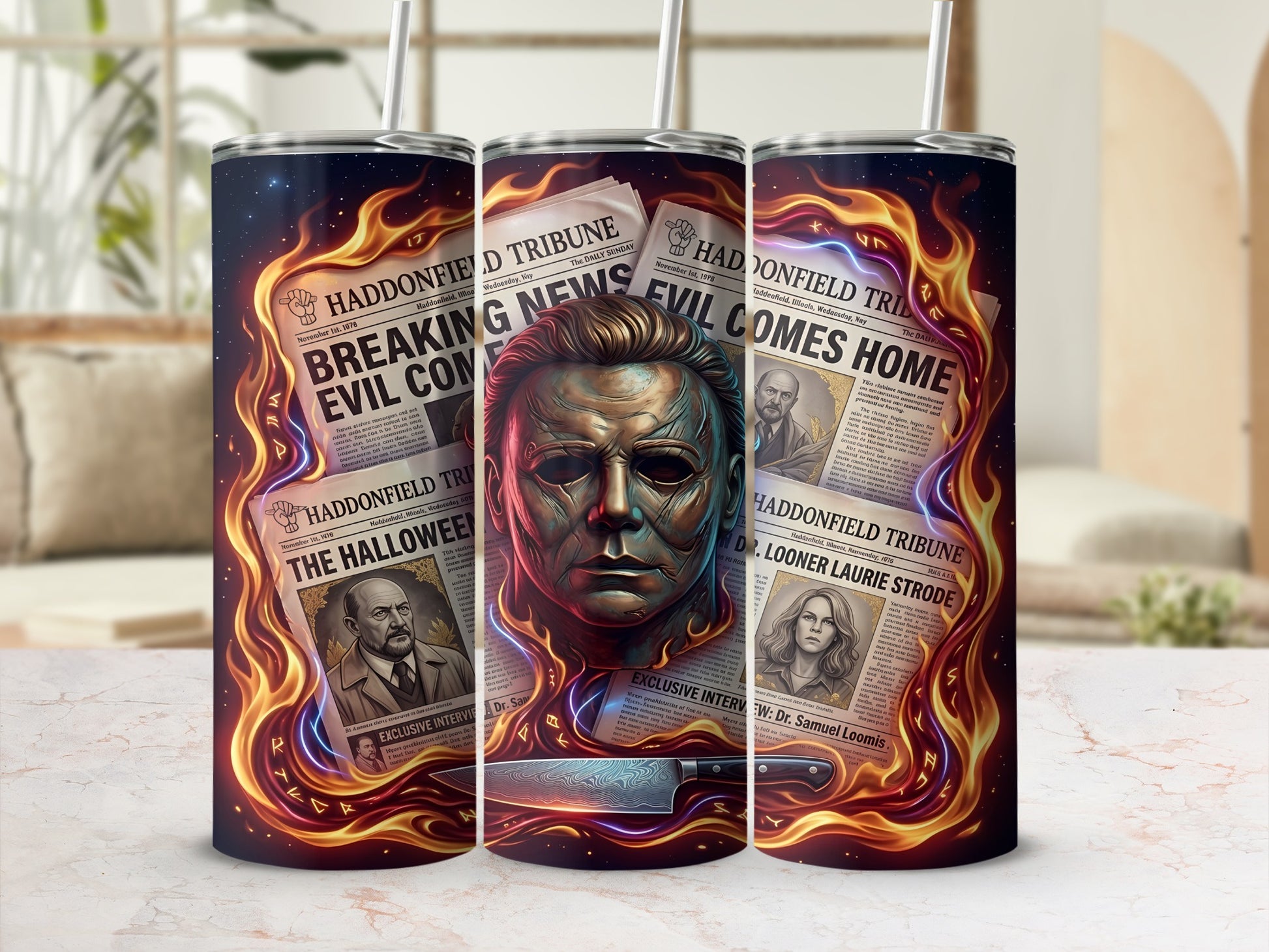 Michael Myers on newspaper graphic with flames and a knife.
