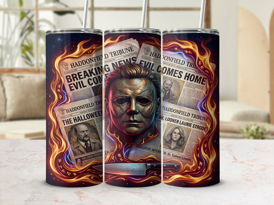 Michael Myers on newspaper graphic with flames and a knife.