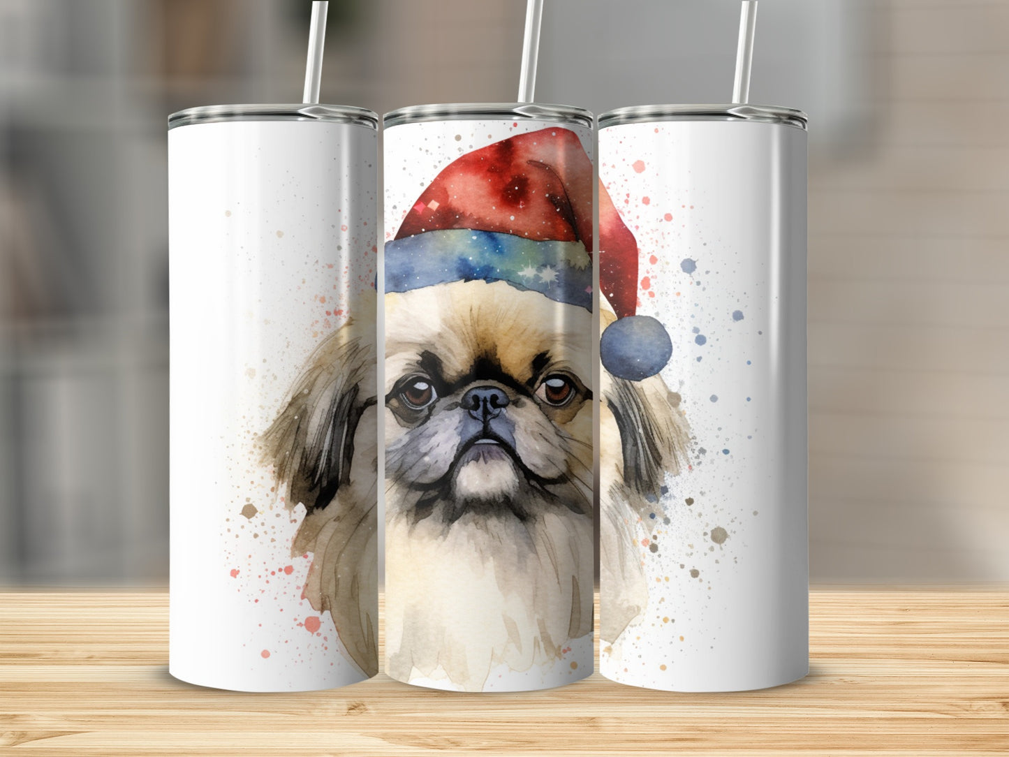 Watercolor Pekingese dog wearing a Santa hat on a tumbler.