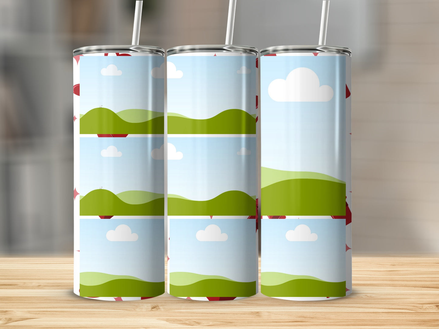 Three tumblers with a repeating red heart pattern and landscape photo collage.