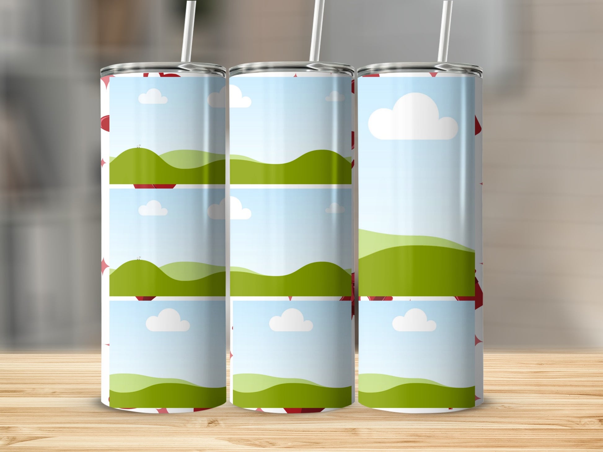 Three tumblers with a repeating red heart pattern and landscape photo collage.