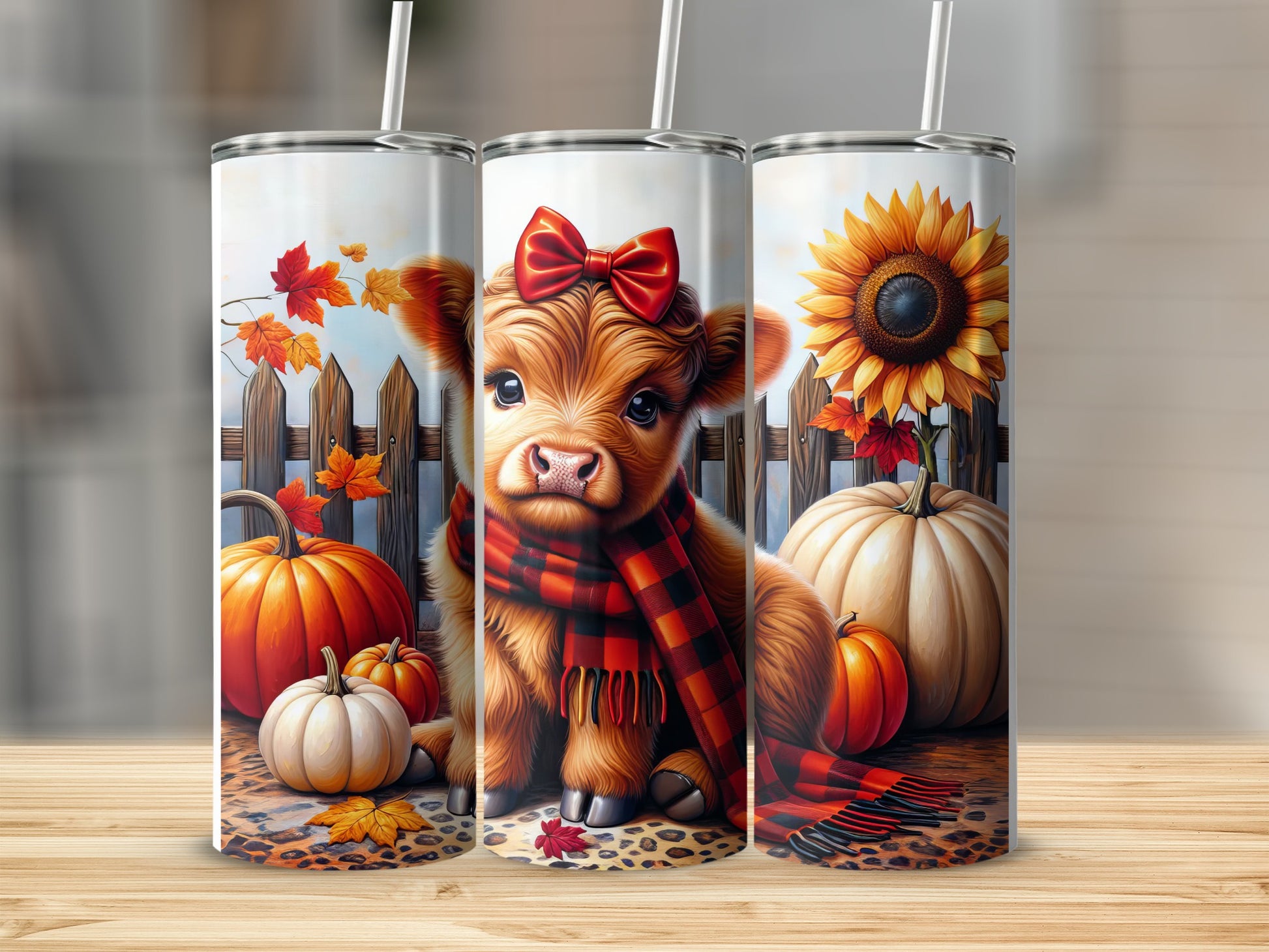 Cute cow with scarf and bow on farm with pumpkins and sunflower.