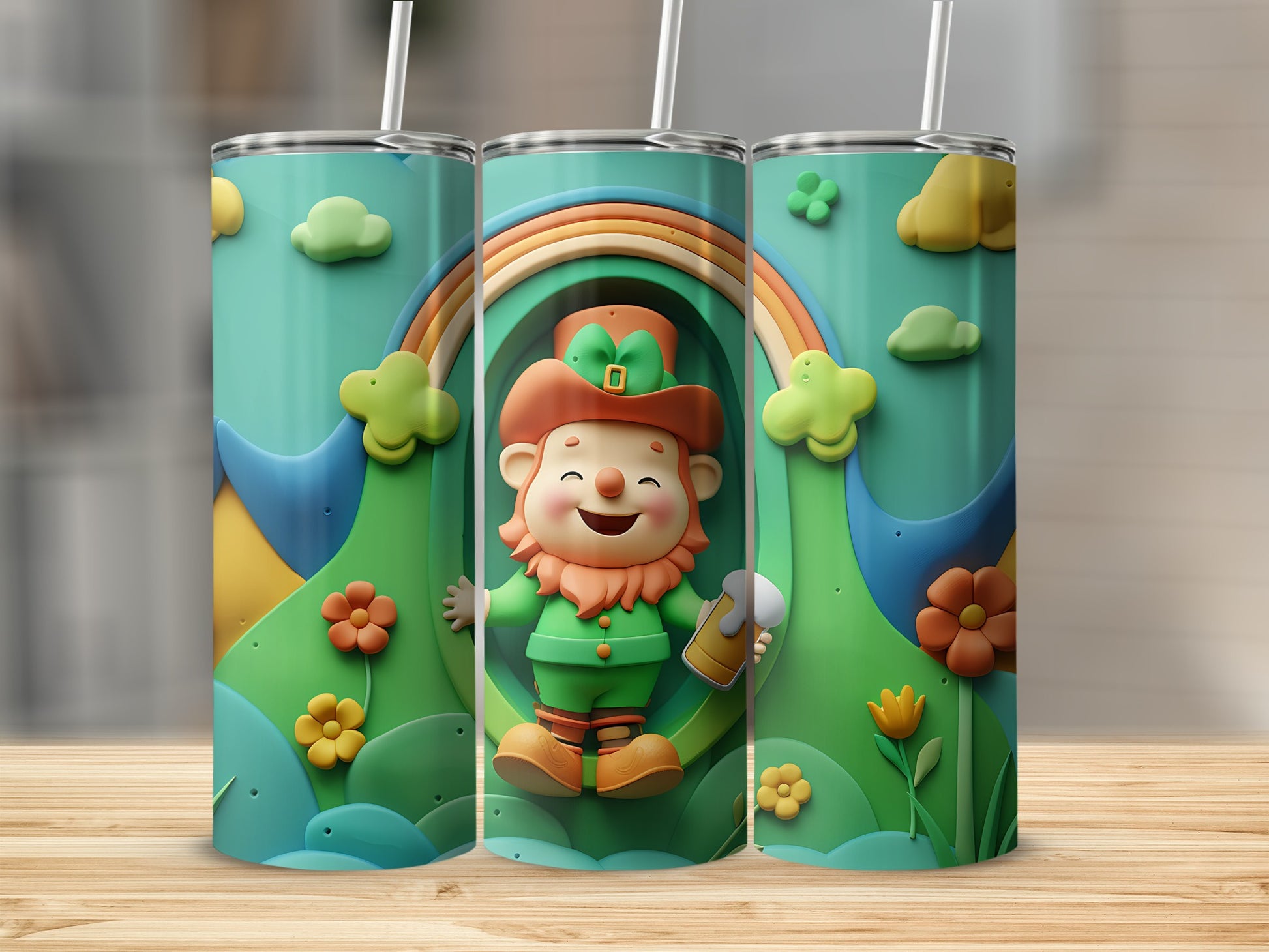 Leprechaun with beer under a rainbow and shamrocks on a tumbler.