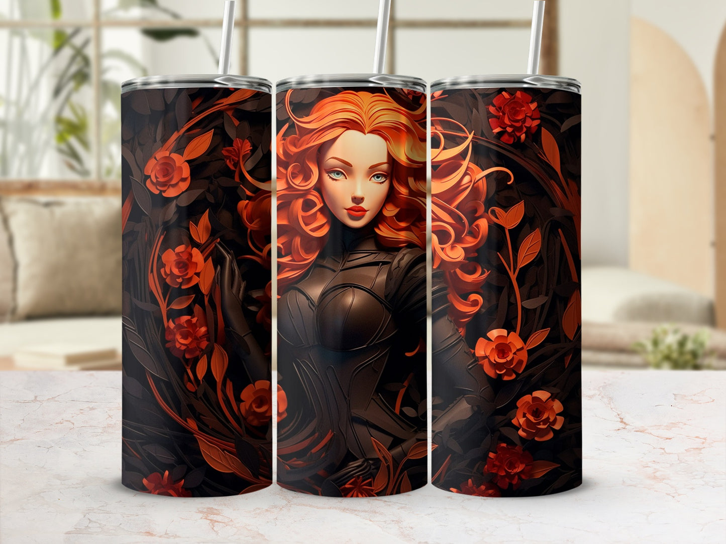 Floral and Red Hair Design Travel Tumbler